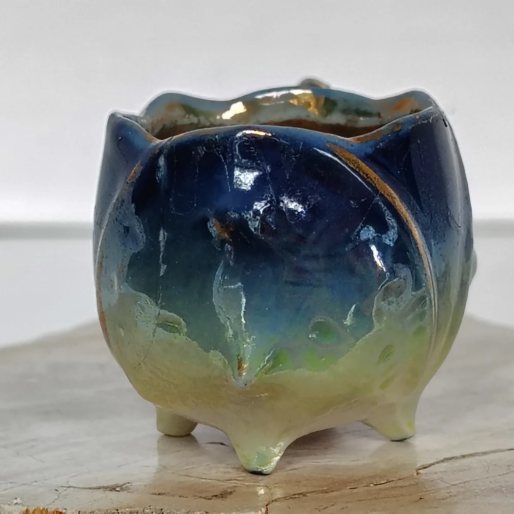 Miniature Ruffle Edge Tea Cup Saucer Blue Seaweed Yellow Gold Gilded Blowfish